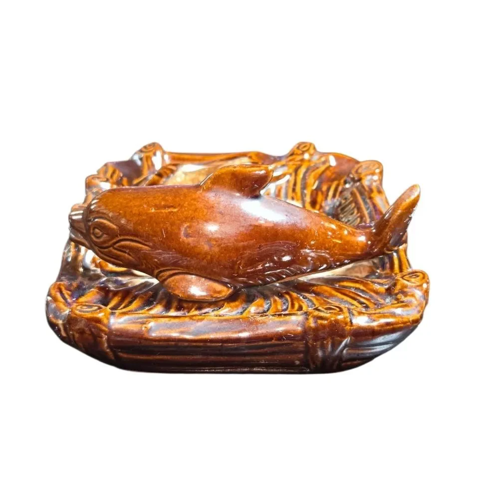 Vintage Brown Glazed Dolphin Topped Florida Souvenir Dripware Ashtray 7